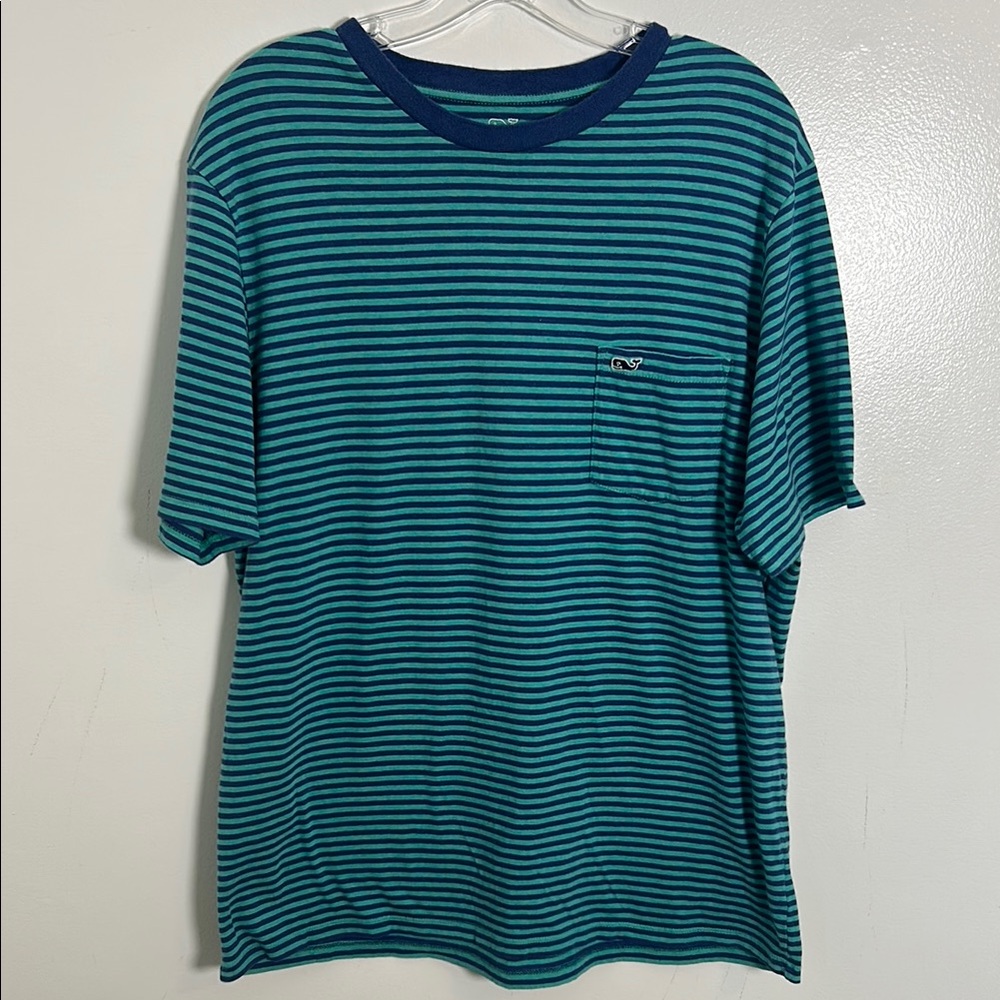 Vineyard Vines Men’s Navy and Teal Striped Pocket T-Shirt 100% Pima Cotton Sz M - Picture 1 of 10